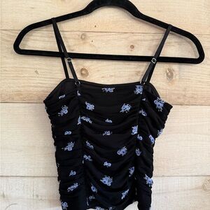 NWT Forever 21 Ruched Camisole Tank Adjustable Straps Black Lavender Floral Sz S